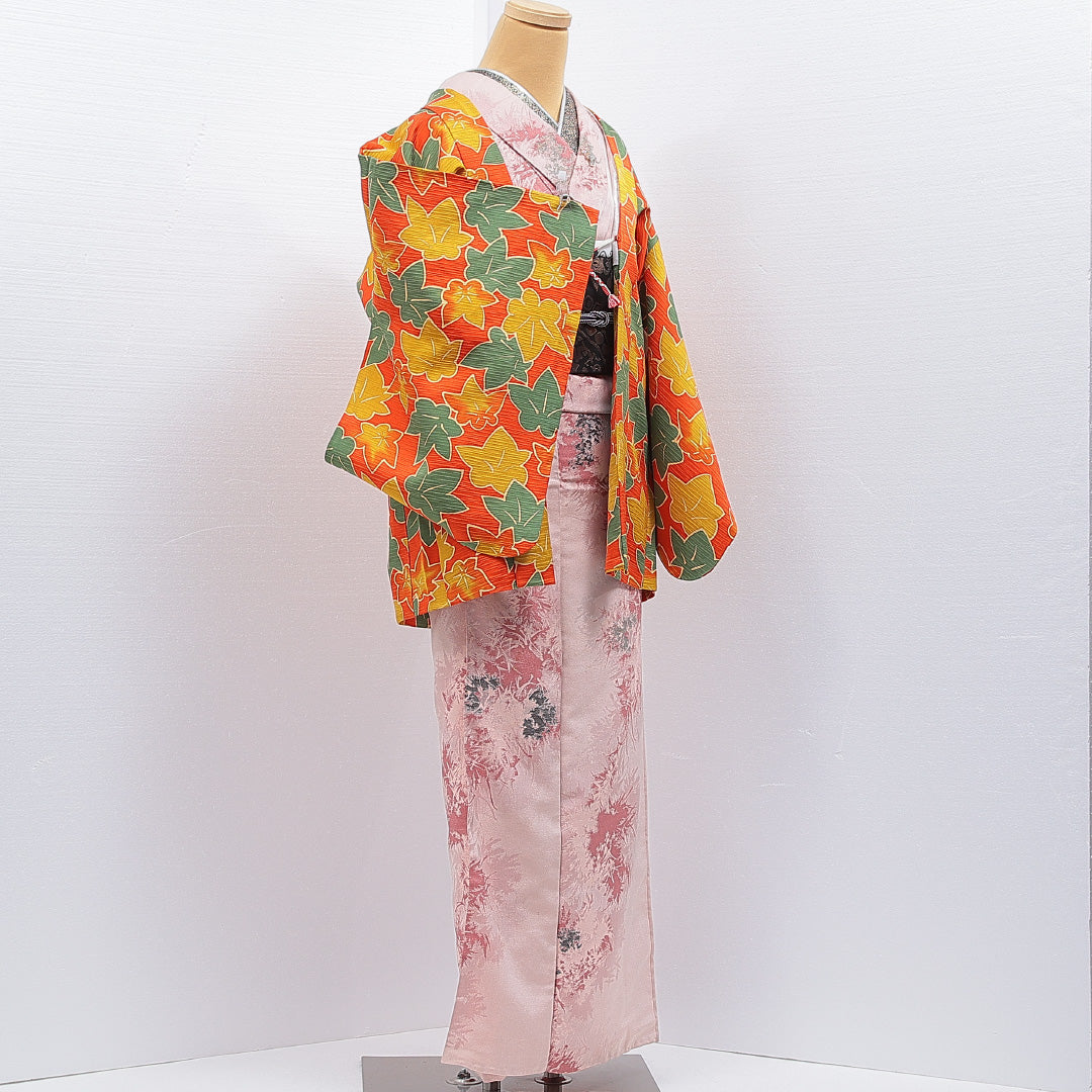 羽織 袷 身丈75cm 裄丈62cm 正絹 Sランク カジュアル Sサイズ 紐あり 紅葉 楓 朱系 RP 1232-16841