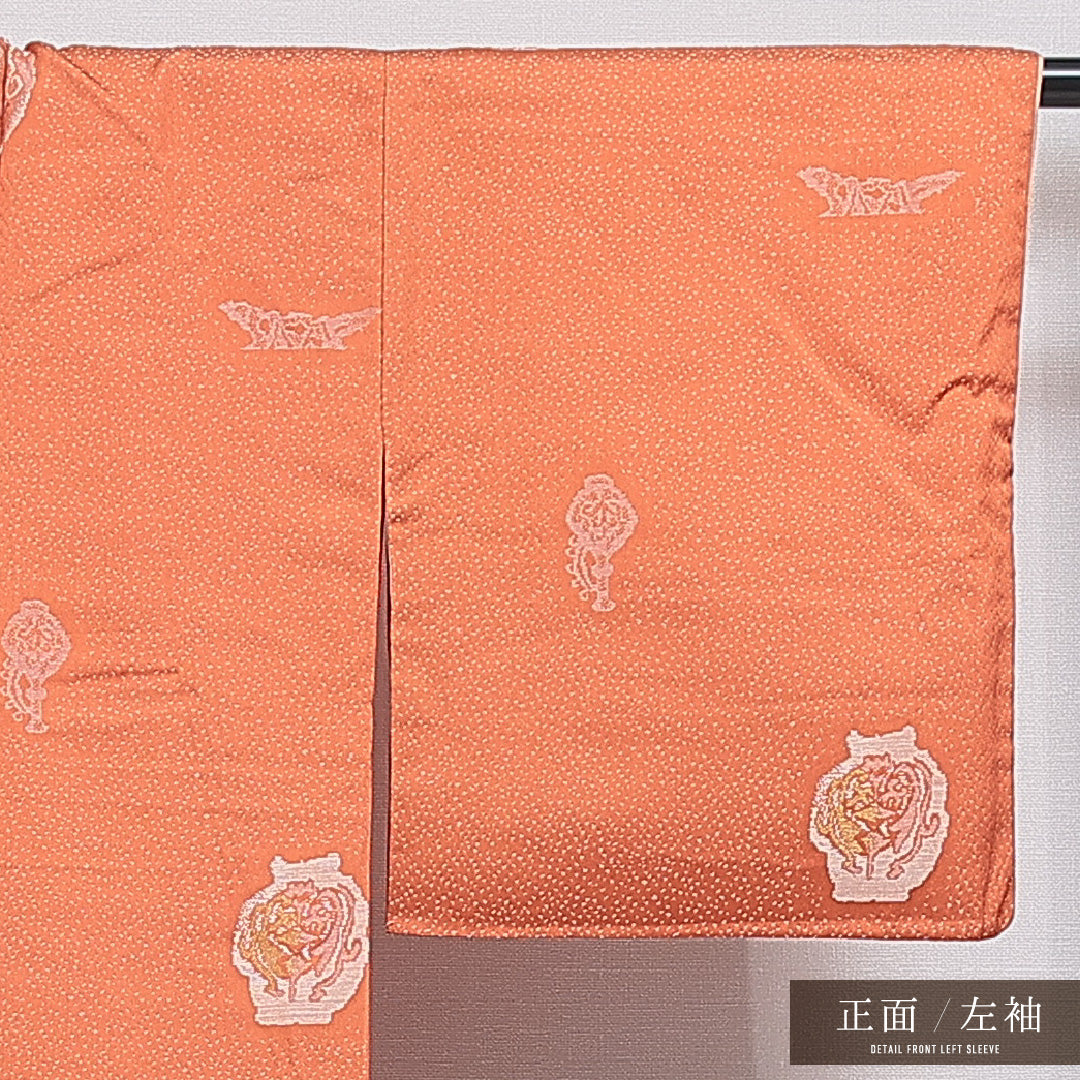 アンティーク お召 袷 身丈146cm 裄丈62cm 正絹 Aランク XSサイズ バチ衿 創作柄 朱系 1265-15974