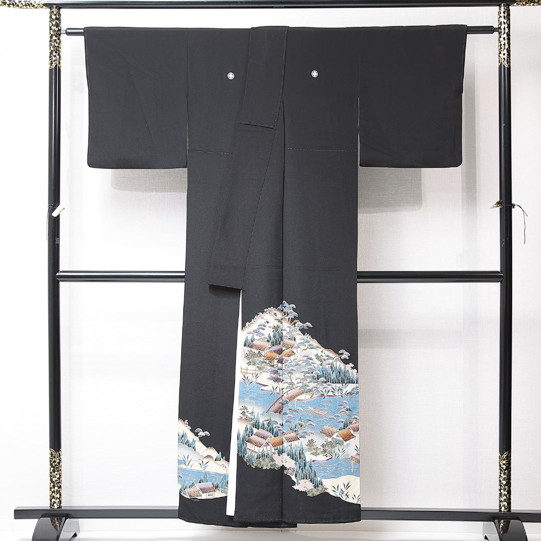 黒留袖 袷 身丈153cm 裄丈62cm 五つ紋 四つ目菱 フォーマル Sランク Sサイズ 正絹 比翼仕立て 広衿 茶屋辻 松 1211-F0711