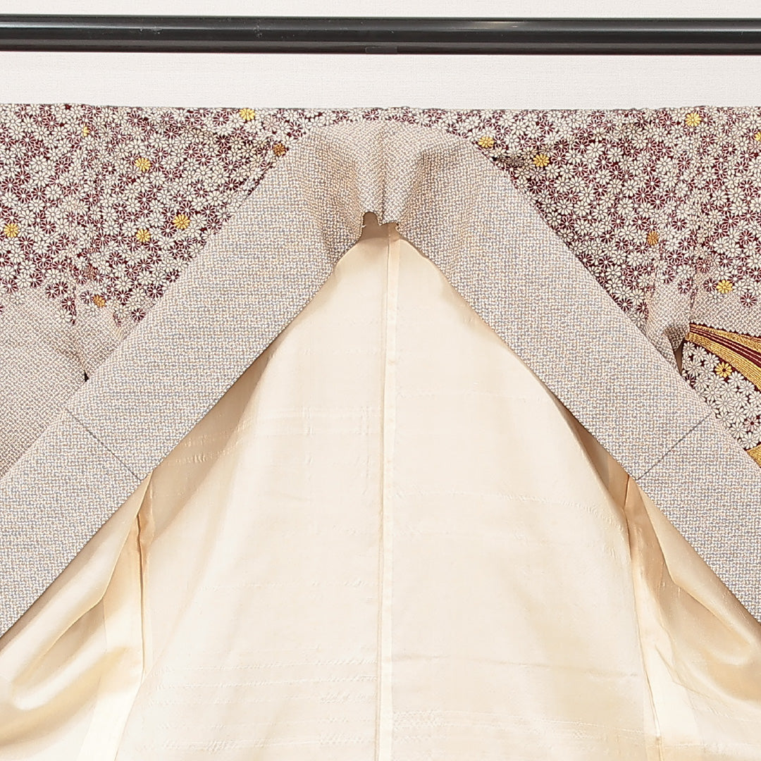 付下げ（紬） 袷 身丈159cm 裄丈63cm 正絹 Cランク Mサイズ 広衿 インフォーマル 流水 菊 茶系 1261-16925