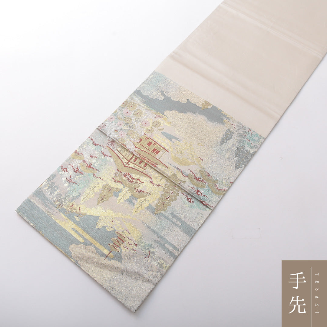 袋帯 帯丈428cm フォーマル 六通 Sランク 正絹 楼閣 クリーム系 1223-02076