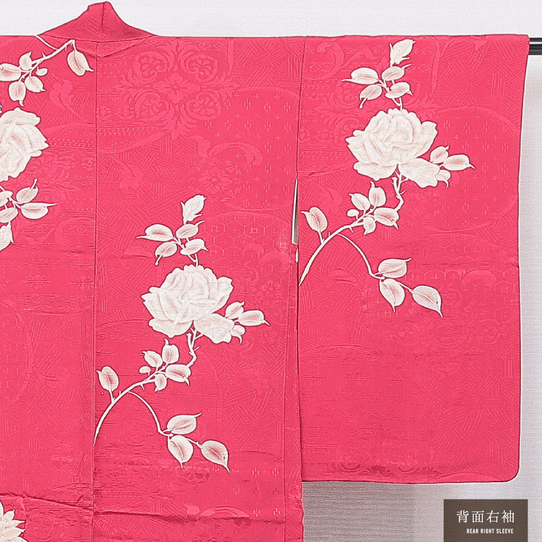 アンティーク 羽織 袷 身丈93cm 裄丈62cm 正絹 Bランク Sサイズ 紋意匠 吉祥文様 薔薇 ピンク系 1217-16837