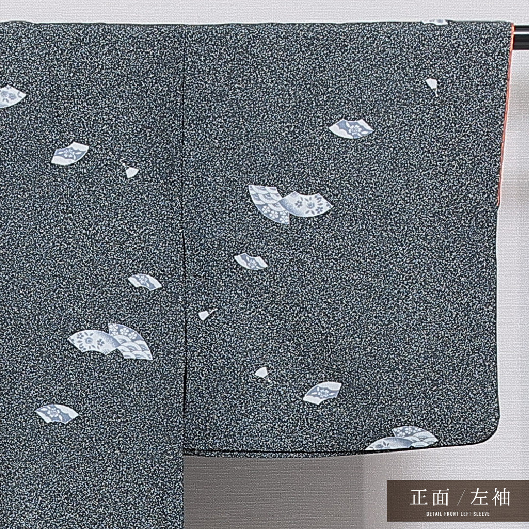 洗える着物 小紋 胴抜き 身丈153cm 裄丈63cm ポリエステル Aランク インフォーマル バチ衿 Sサイズ 扇 桜 グレー系 RP 1221-16003
