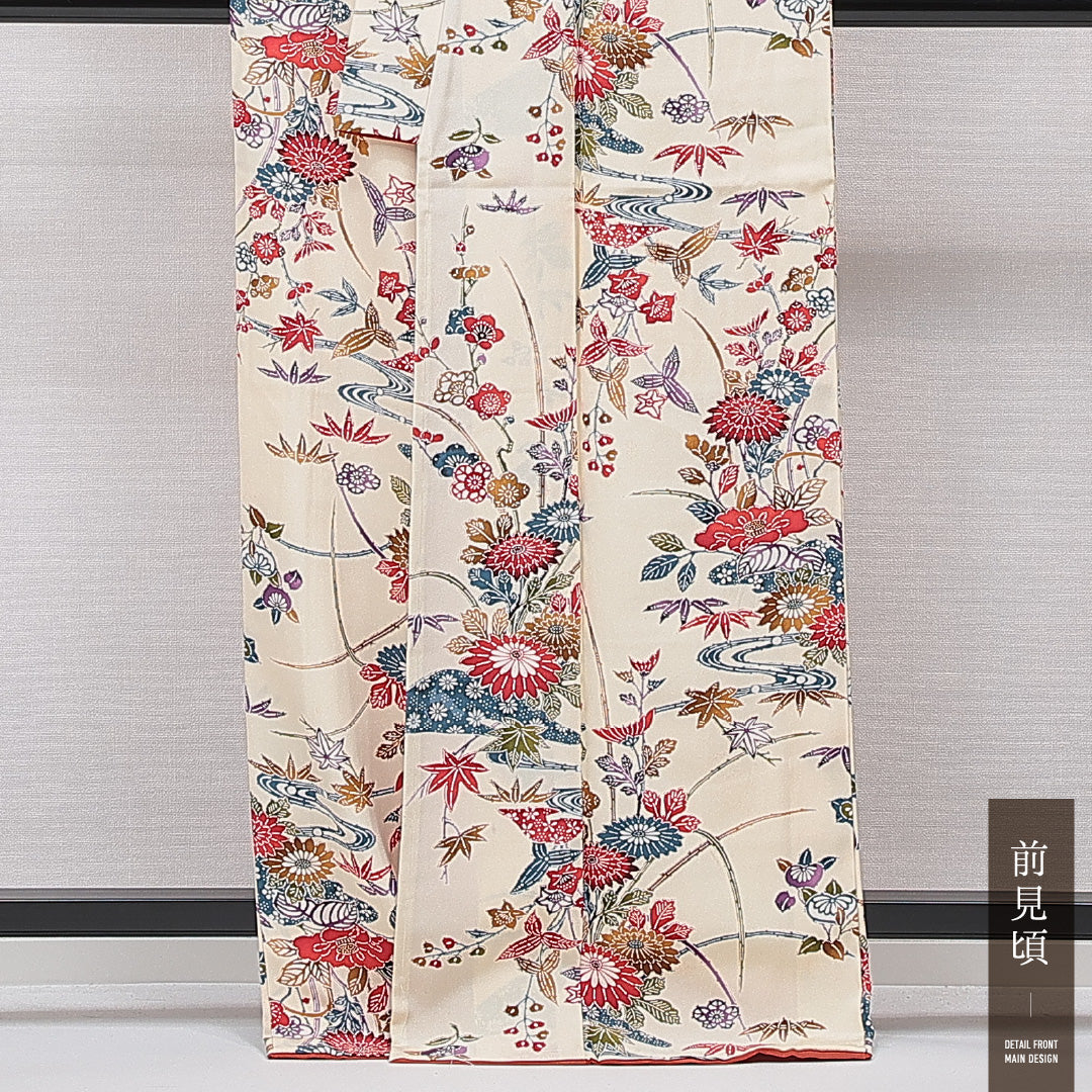 未使用品 小紋 袷 身丈165cm 裄丈64cm 正絹 Nランク インフォーマル バチ衿 XLサイズ 京紅型 流水 四季草花 菊 紅葉 楓 クリーム系 RP 1221-15425