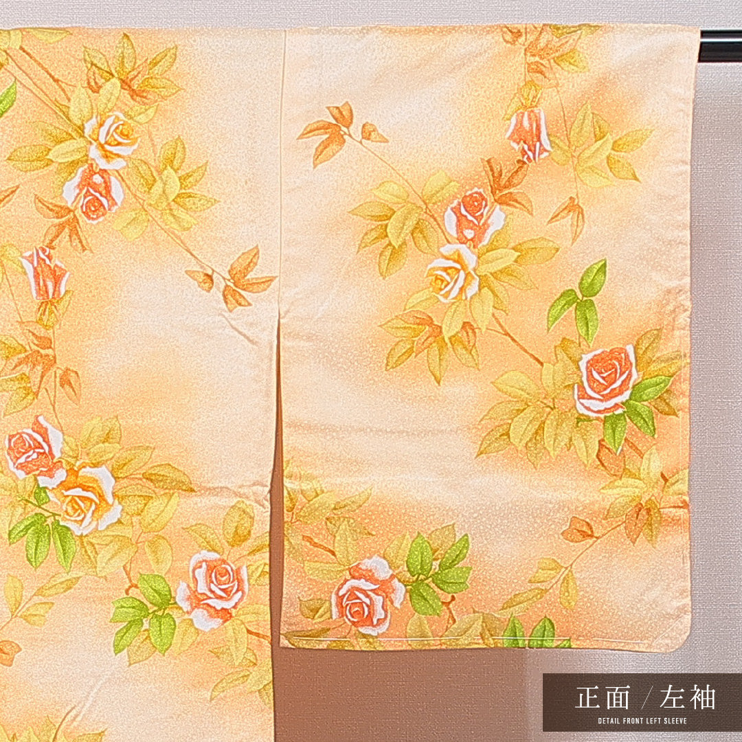洗える着物 小紋 袷 身丈160cm 裄丈64cm ポリエステル Bランク インフォーマル 広衿 Lサイズ 薔薇 朱系 HP 1221-16382