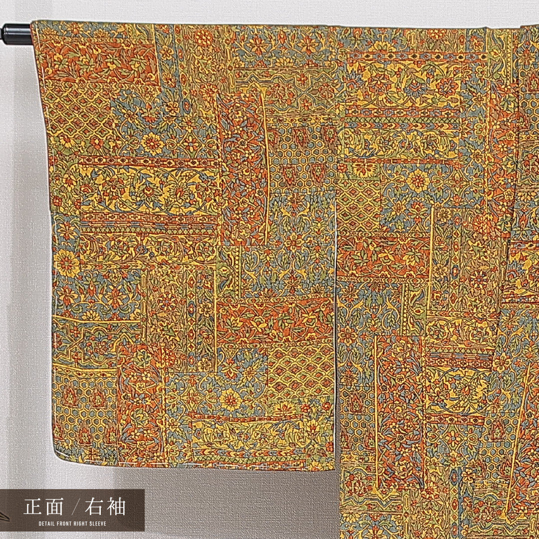 小紋 袷 身丈168cm 裄丈66cm 正絹 Sランク XLサイズ 広衿 インフォーマル 植物柄 多色系 黄系 1215-15657