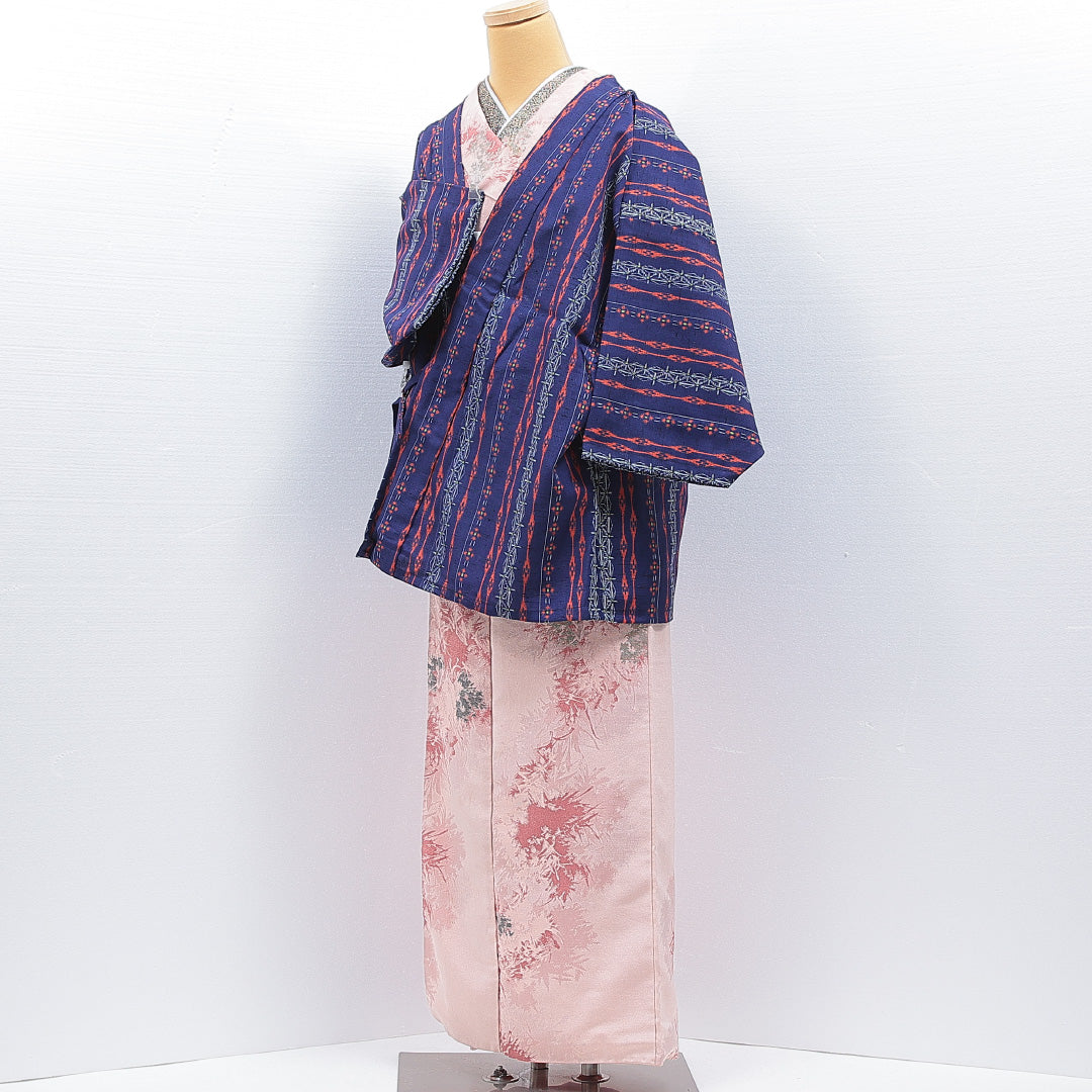 ウールの道中着（紬） 洗える着物 単衣 身丈75cm 裄丈65cm ウール Sランク Mサイズ カジュアル 創作柄 青系 1264-16815