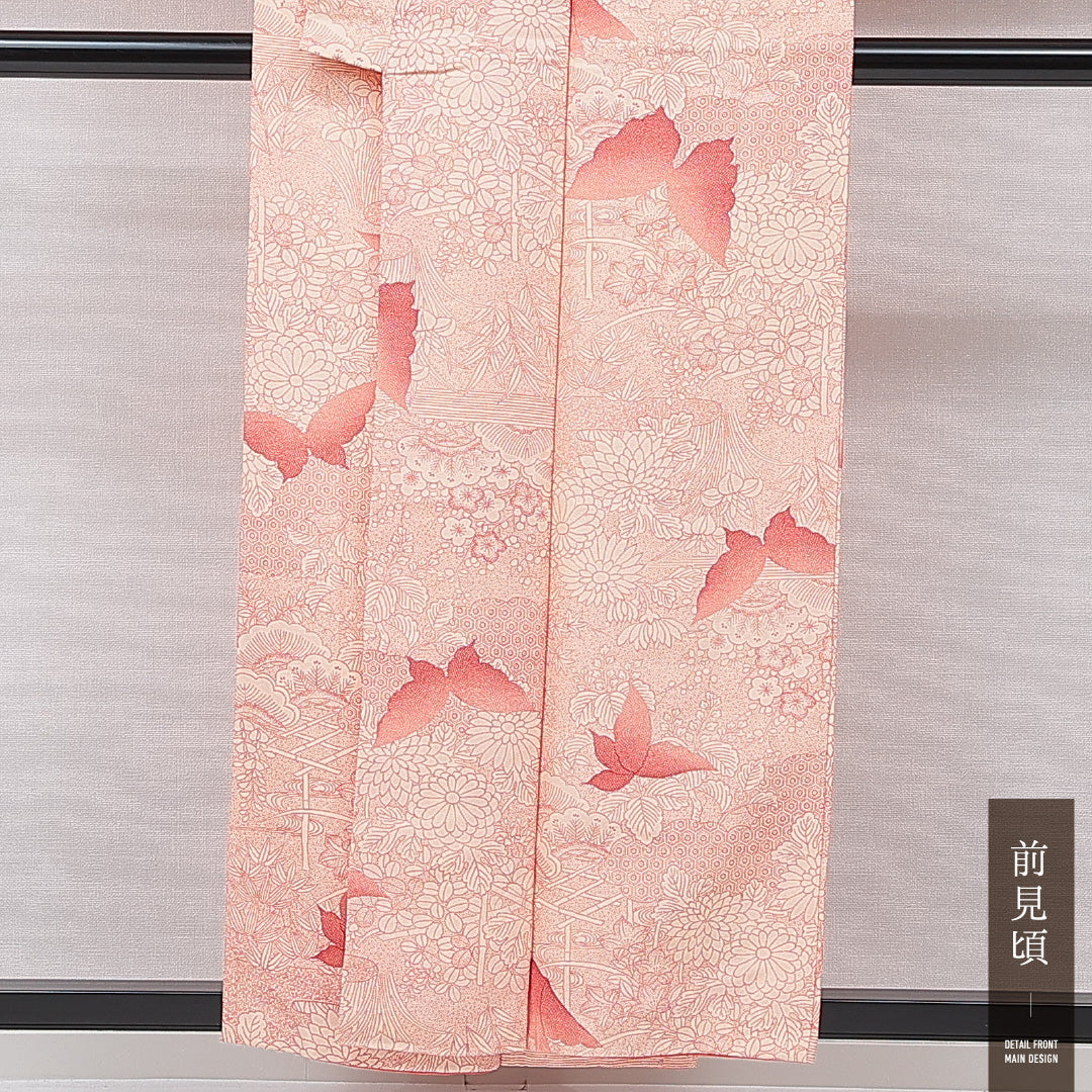 小紋 袷 身丈154cm 裄丈62cm 正絹 Sランク インフォーマル バチ衿 Sサイズ 蝶 菊 赤系 RP 1221-15470