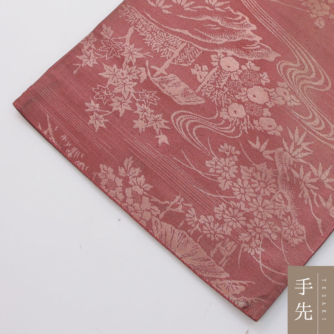 袋帯 帯丈404cm 正絹 六通 帯芯なし セミフォーマル 茶屋辻 赤系 1243-02312