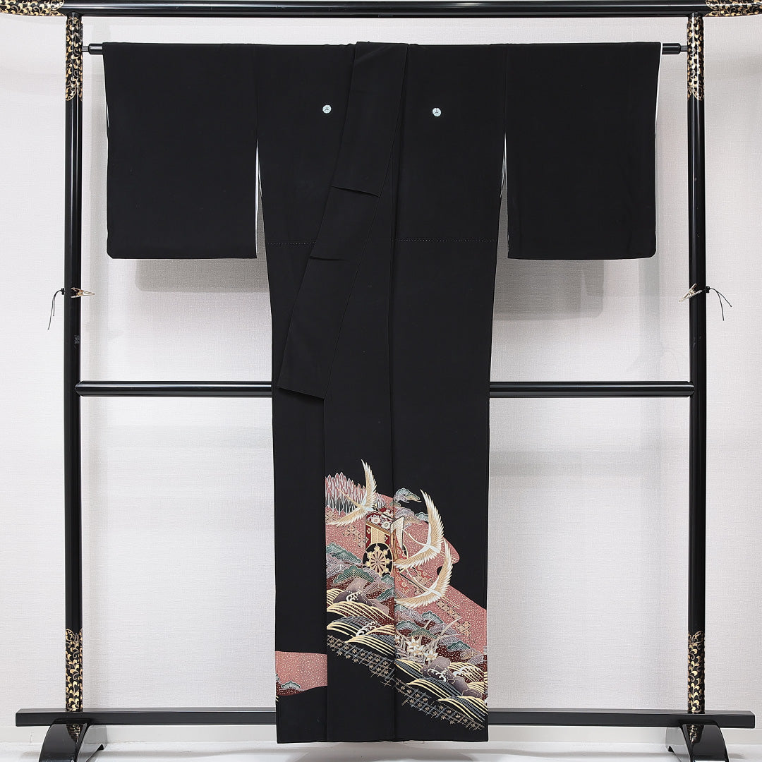 黒留袖 袷 身丈155cm 裄丈65cm 五つ紋 三つ横見菊 フォーマル Aランク Mサイズ 正絹 広衿 鶴 七宝 松 1211-F0676