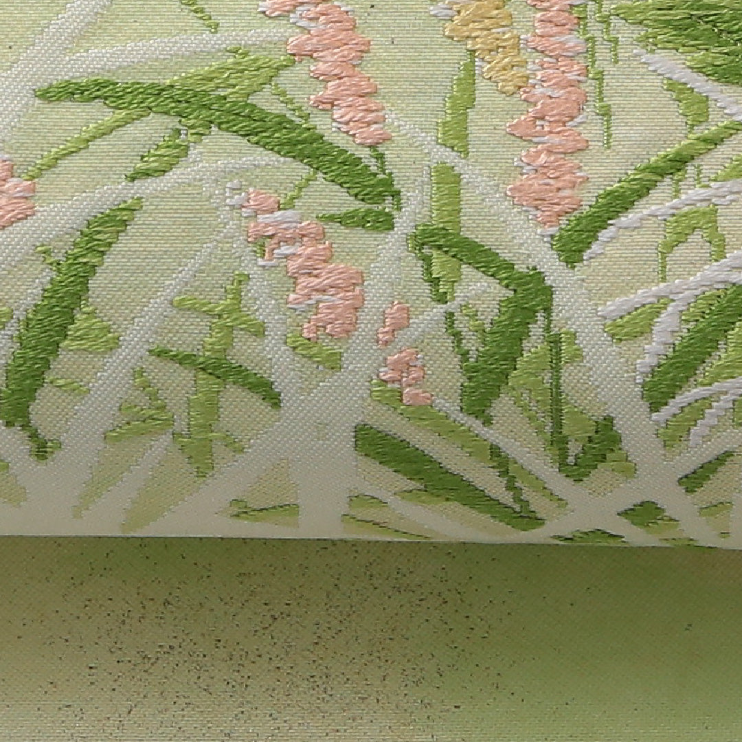 九寸名古屋帯 帯丈344cm カジュアル 名古屋仕立て ポイント柄 Cランク 正絹 菊 緑系 1224-03766