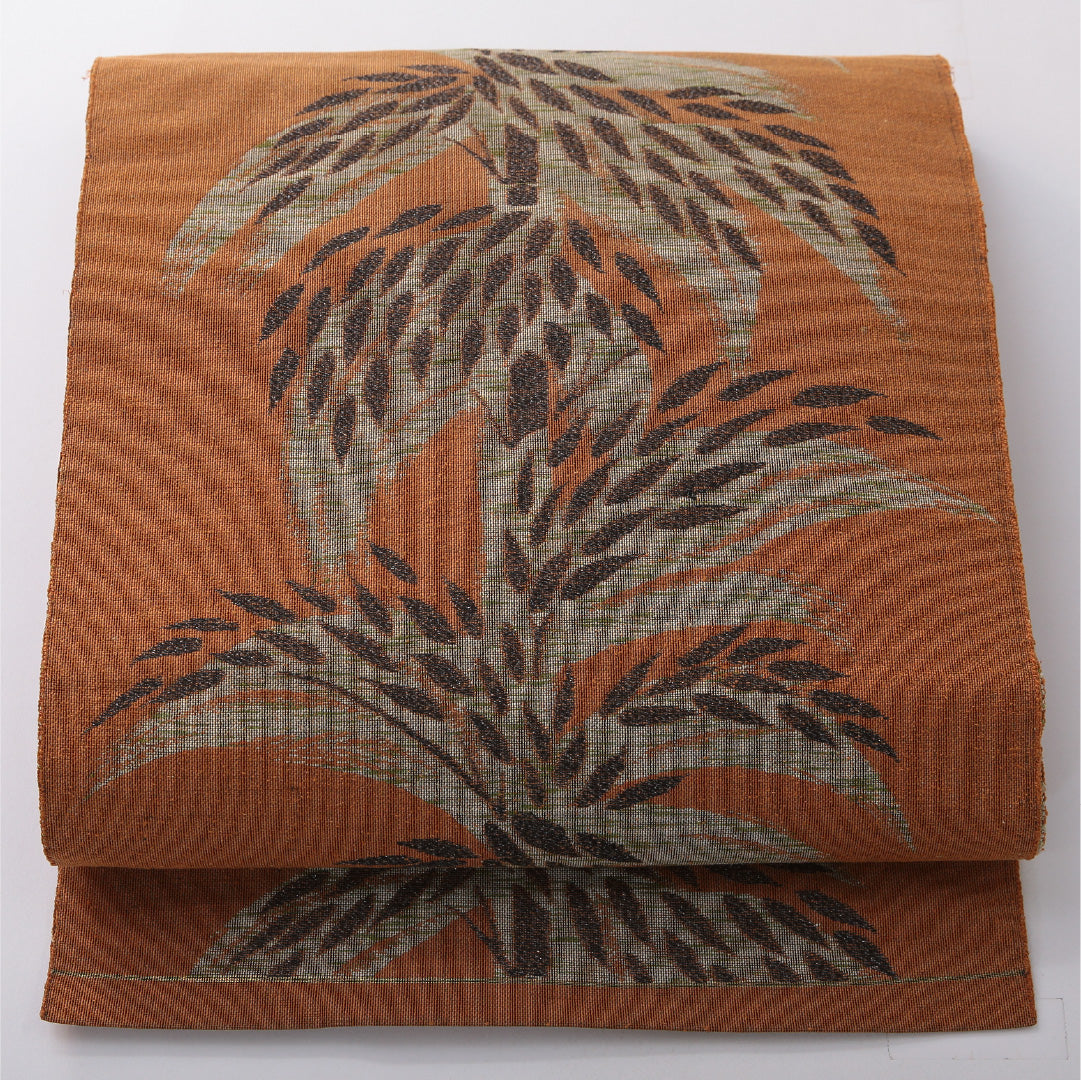 八寸名古屋帯（紬） 帯丈337cm カジュアル 松葉仕立て 六通 Cランク 正絹 竹 黄系 茶系 1224-03814