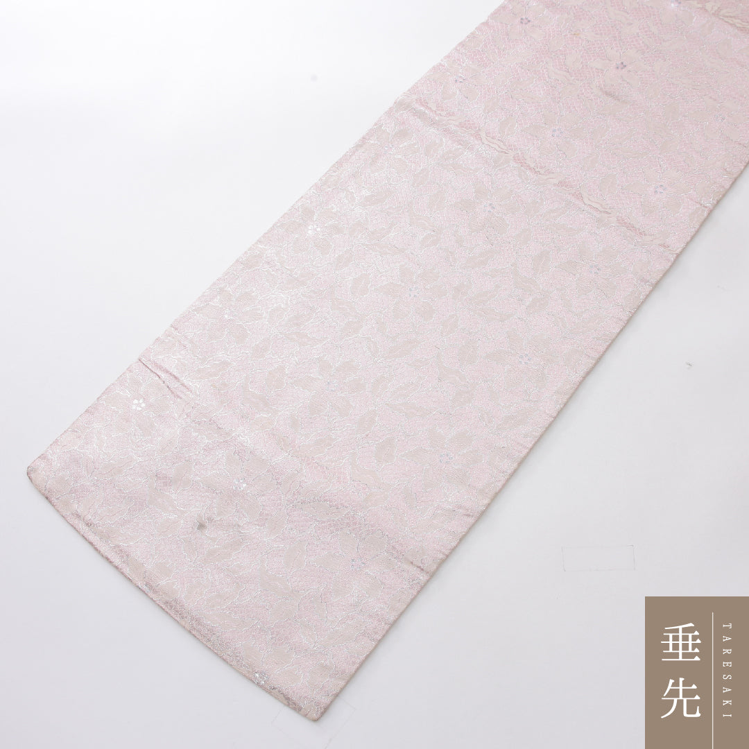 九寸名古屋帯 帯丈343cm インフォーマル 名古屋仕立て 全通 Cランク 正絹 花柄 ピンク系 1224-03992