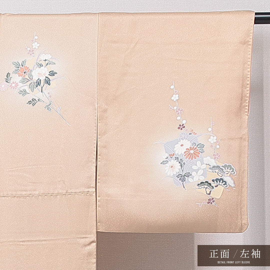 訪問着 袷 身丈153cm 裄丈62cm 正絹 Sランク Sサイズ 広衿 セミフォーマル 雪輪 牡丹 ぼかし染 金彩 ピンク系 クリーム系 1212-15878