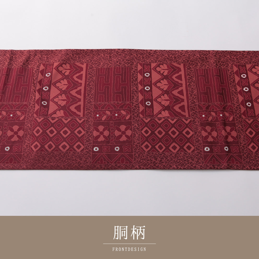 袋帯 帯丈436cm セミフォーマル 六通 帯芯なし Sランク 正絹 幾何学柄 赤系 1223-01973