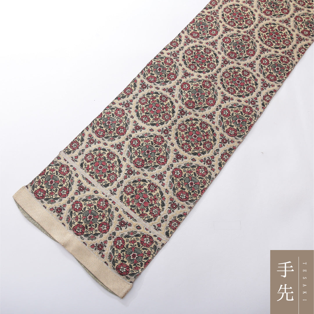 八寸名古屋帯 帯丈392cm カジュアル 開き仕立て 全通 Aランク 正絹 花文 多色系 クリーム系 1224-03916