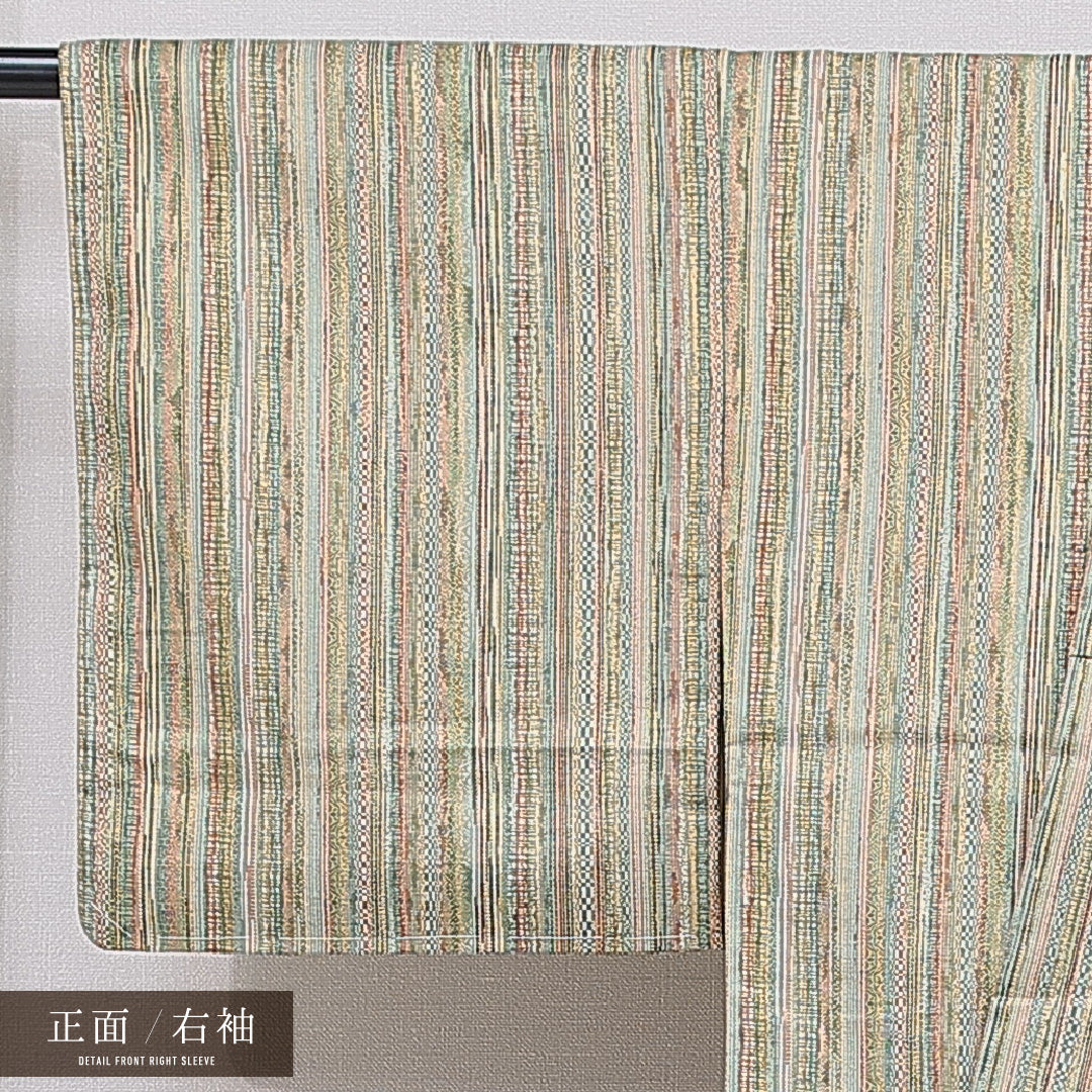 紬 袷 身丈160cm 裄丈61cm 正絹 Sランク カジュアル バチ衿 Lサイズ 縞 緑系 RP 1223-15477