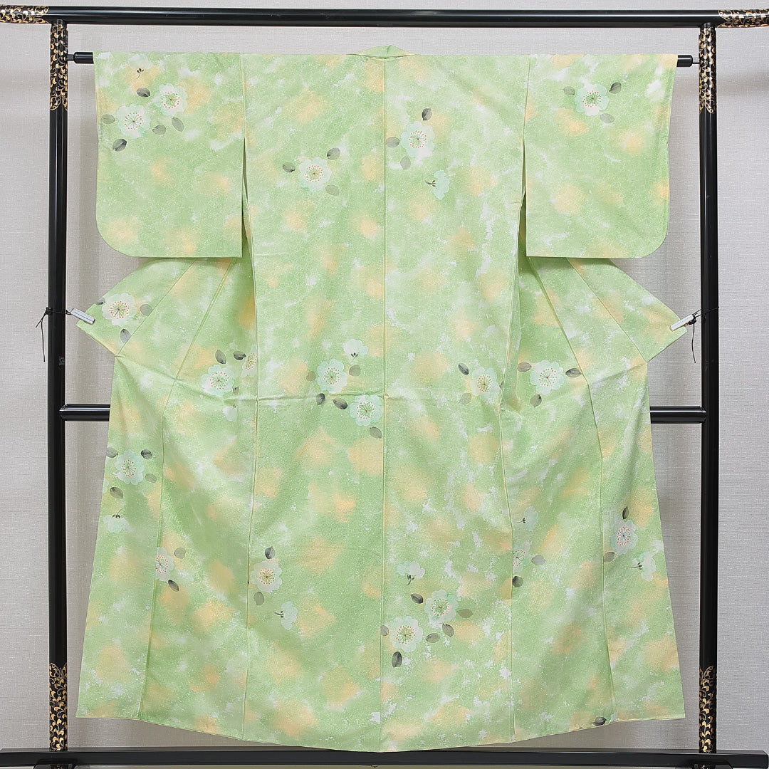 小紋 洗える着物 袷 身丈155cm 裄丈62cm ポリエステル Sランク Mサイズ 広衿 インフォーマル 七宝 桜 緑系 1215-16396