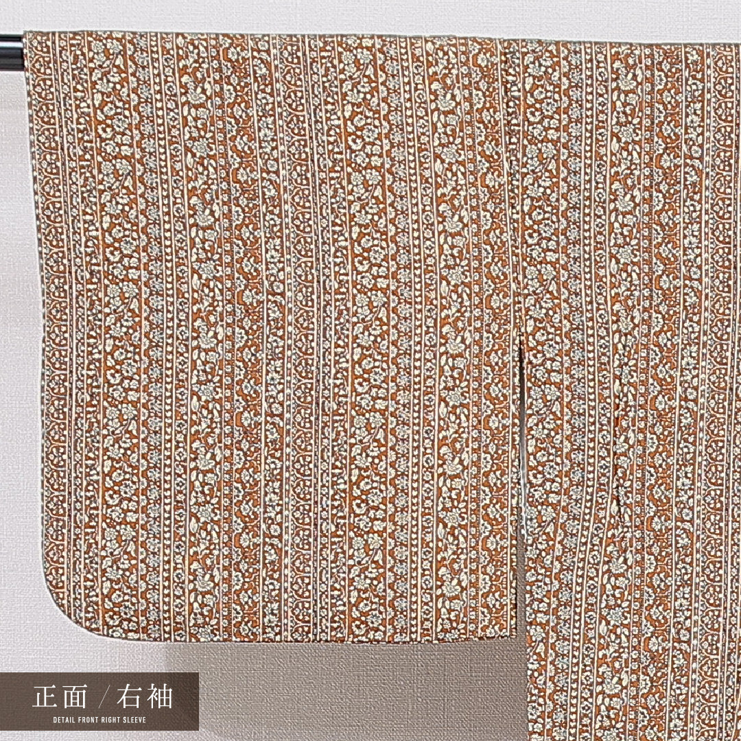 小紋 袷 身丈156cm 裄丈65cm 正絹 Dランク Mサイズ バチ衿 インフォーマル 更紗 花柄 茶系 1215-15710