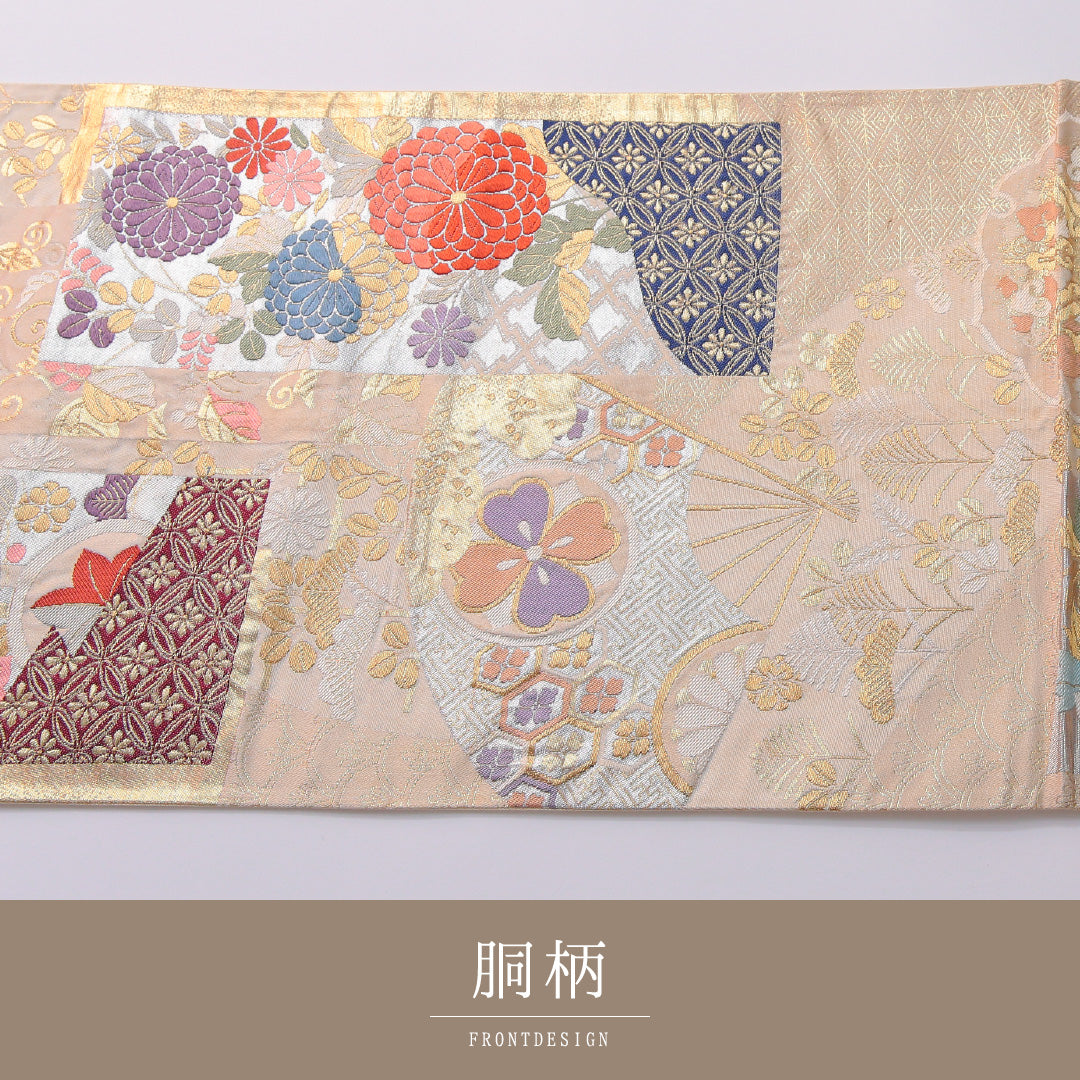 袋帯 帯丈420cm 正絹 六通 フォーマル 裂取り 金系 1243-01936