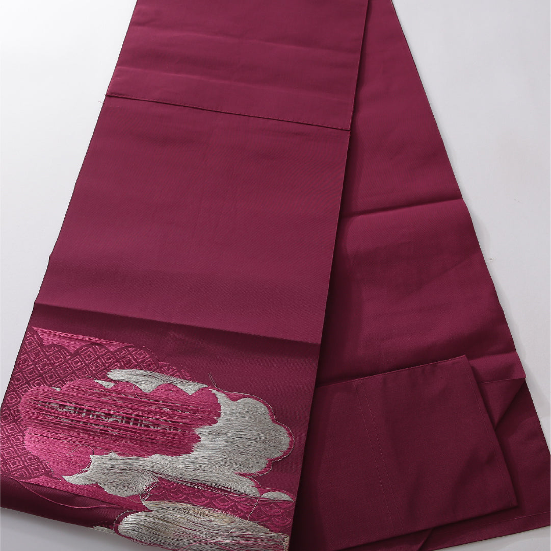 八寸名古屋帯 帯丈355cm セミフォーマル 松葉仕立て ポイント柄 Aランク 正絹 吉祥文様 雲取り 紫系 赤系 1224-03834