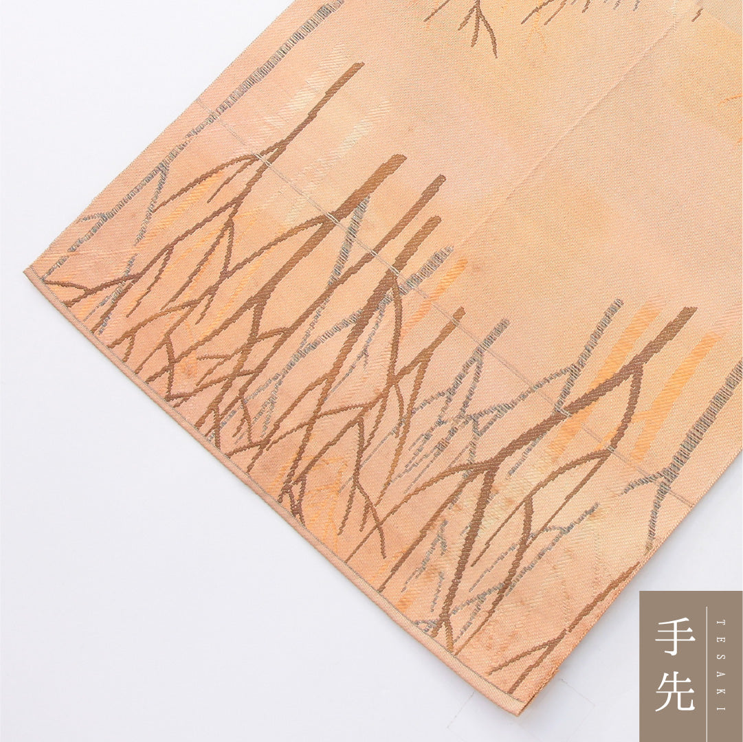 八寸名古屋帯 帯丈356cm カジュアル 開き仕立て 六通 Cランク 正絹 木立 ベージュ系 1224-04057