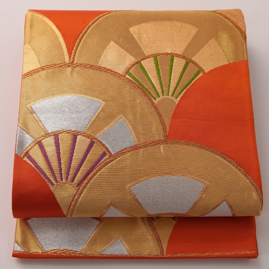 袋帯 帯丈420cm フォーマル 六通 Sランク 正絹 青海波 朱系 金系 1223-01896