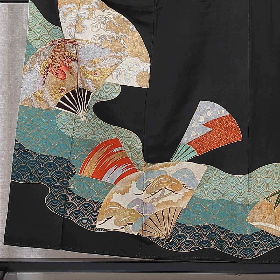 黒留袖 袷 身丈156cm 裄丈62cm 五つ紋 四ツ目菱 フォーマル Cランク Mサイズ 正絹 広衿 鳳凰 扇 刺繍 1211-F0741