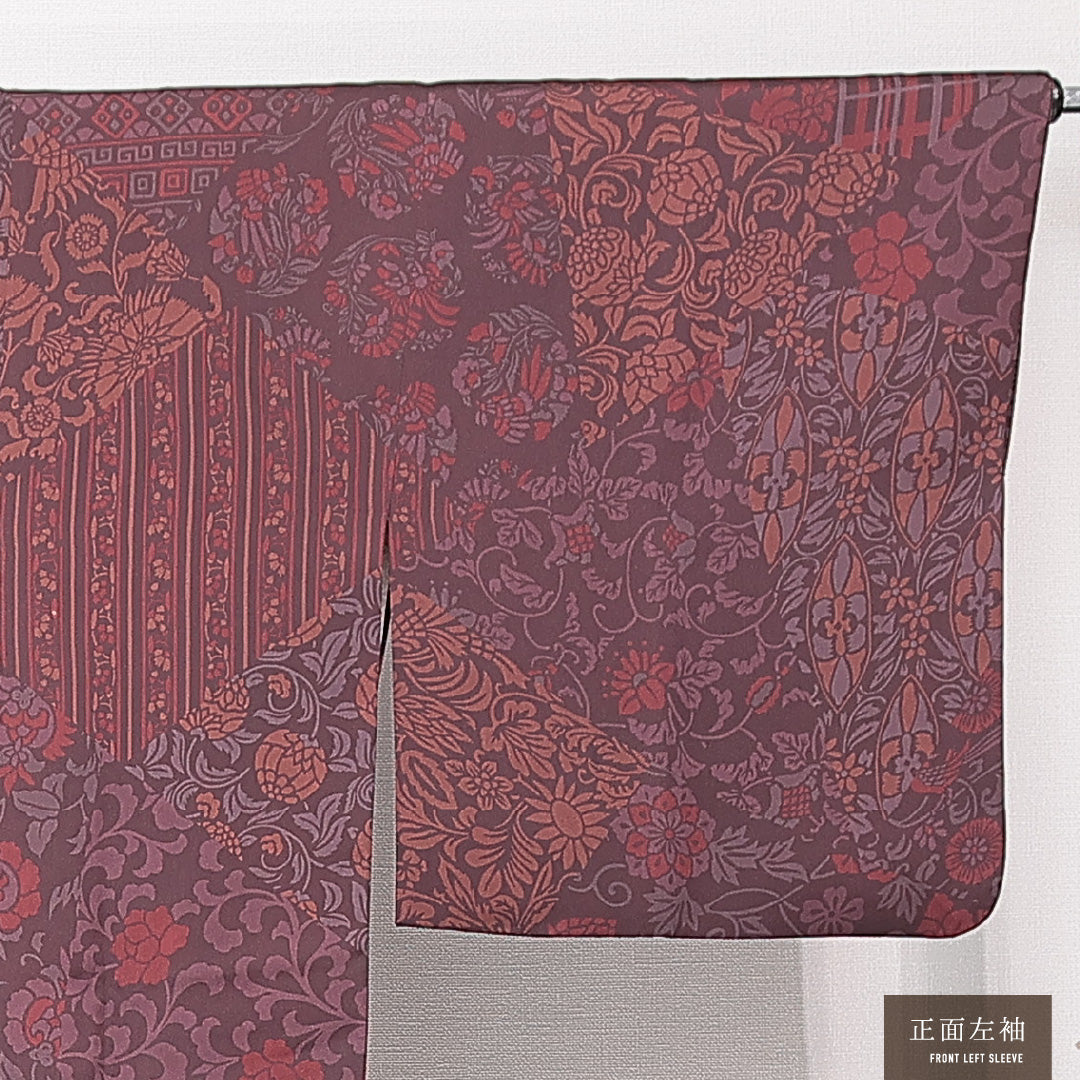 道行コート 袷 身丈86cm 裄丈66cm 正絹 Sランク Mサイズ フォーマル ポケットあり 唐草 縞 紫系 1263-15136