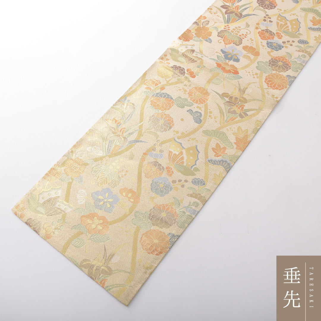 袋帯 帯丈436cm 正絹 六通 フォーマル 四季草花 立涌 桐 蝶 クリーム系 1243-02104