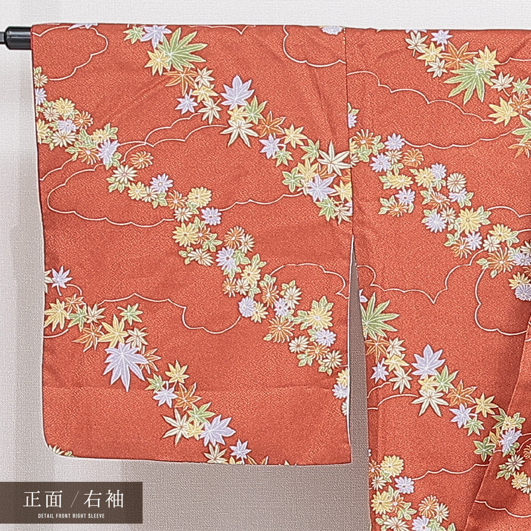 洗える着物 小紋 袷 身丈162cm 裄丈65cm ポリエステル Sランク インフォーマル 広衿 Lサイズ 菊 紅葉 朱系 RP 1221-16261