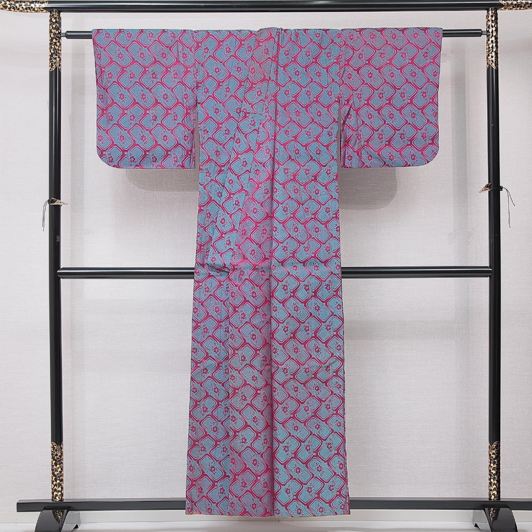 アンティーク お召 袷 身丈155cm 裄丈60cm 正絹 Bランク バチ衿 Mサイズ 花柄 緑系 RP 1222-15192