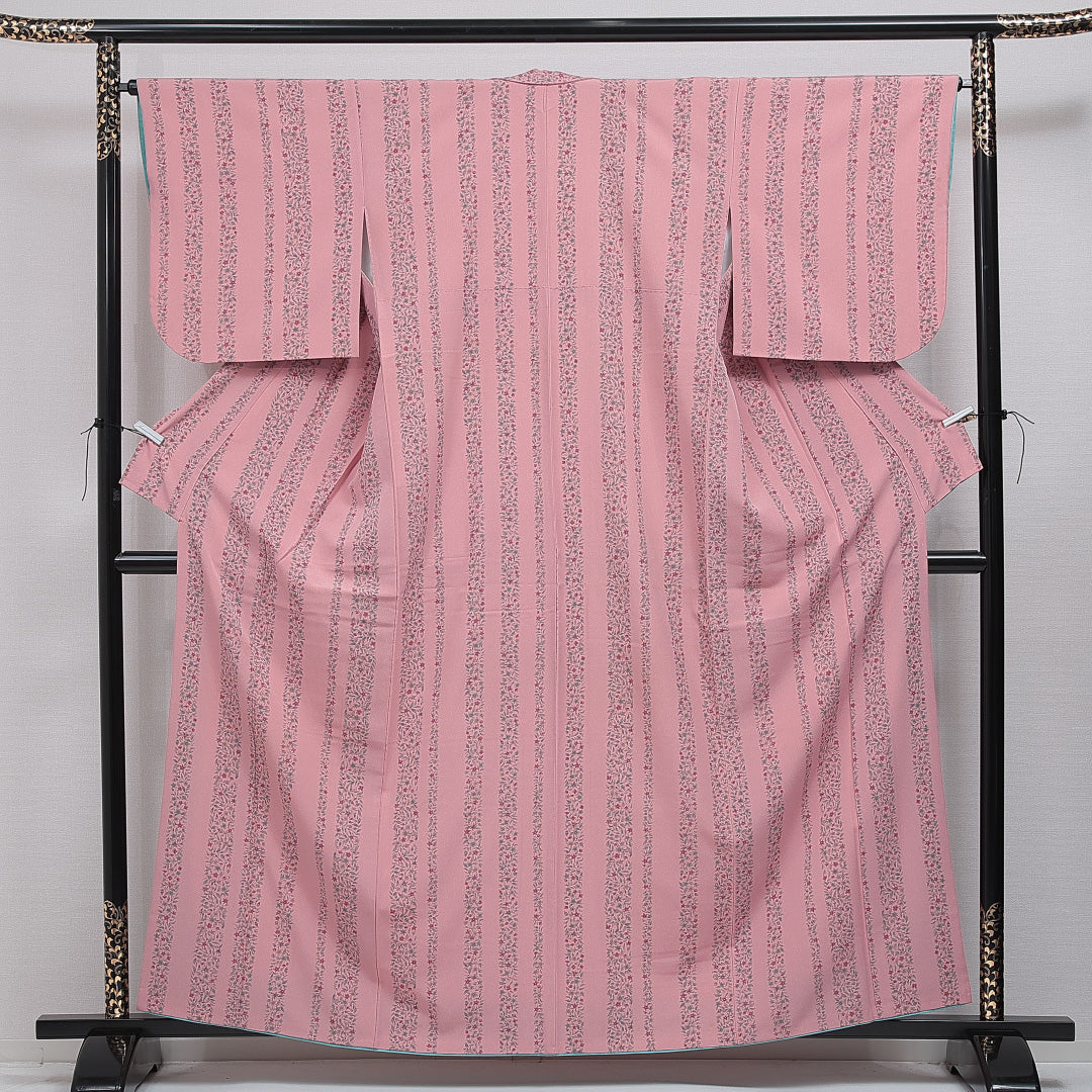 小紋 洗える着物 袷 身丈161cm 裄丈65cm ポリエステル Cランク Lサイズ 広衿 インフォーマル 花柄 ピンク系 1215-16103