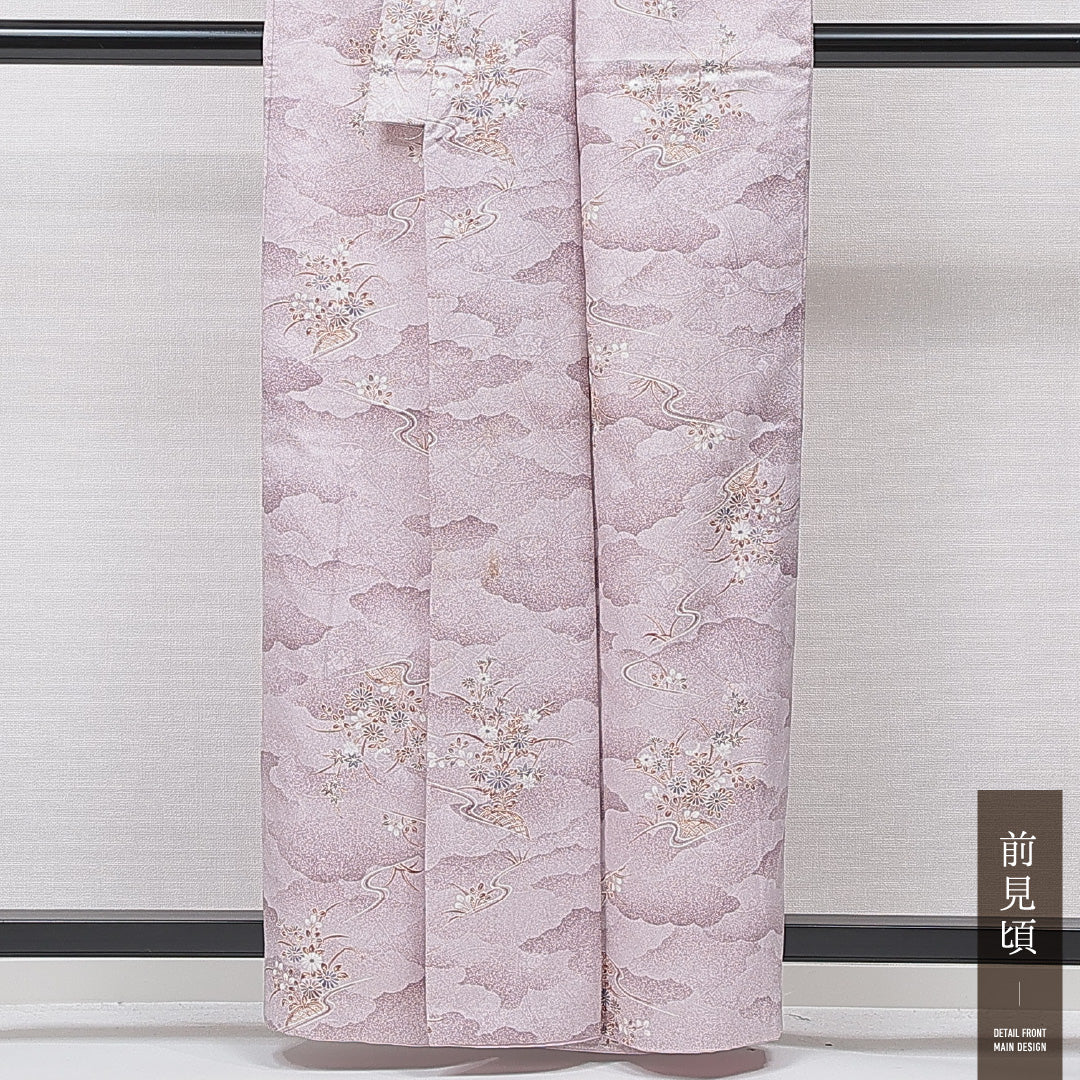 洗える着物 小紋 袷 身丈159cm 裄丈62cm ポリエステル Sランク インフォーマル バチ衿 Mサイズ 菊 紅葉 紫系 RP 1221-15829