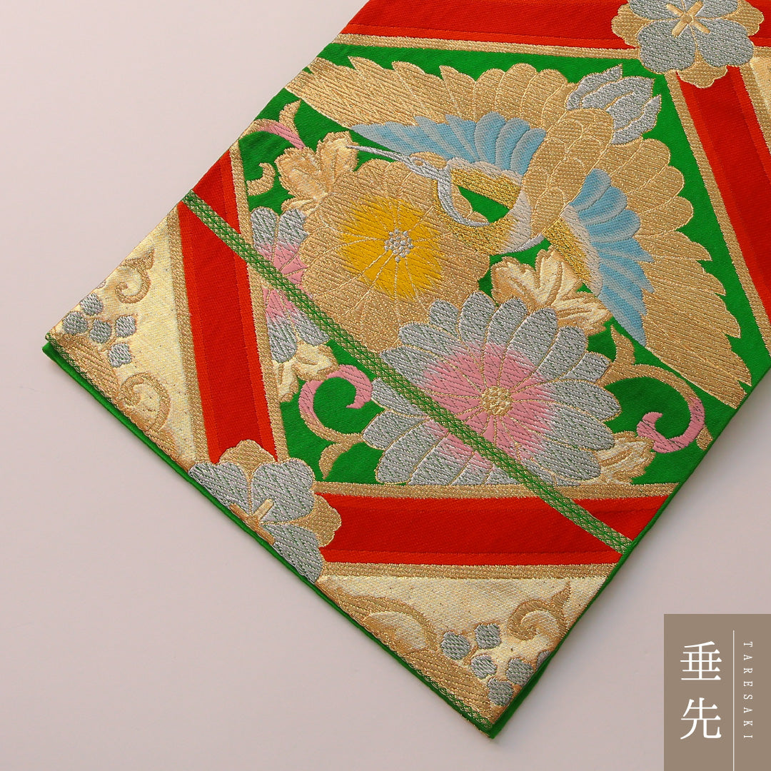 袋帯 帯丈408cm フォーマル 六通 Sランク 正絹 鶴 菊 緑系 金系 1223-01893