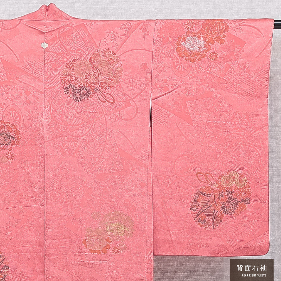 アンティーク 羽織 袷 身丈93cm 裄丈62cm 正絹 Aランク Sサイズ 一つ紋（五三桐） 鼓 牡丹 ピンク系 1217-16198