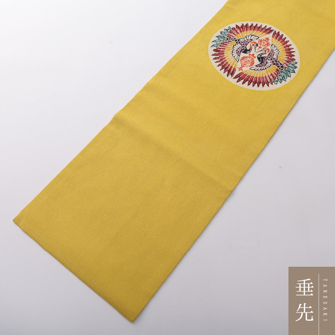 アンティーク 九寸名古屋帯 帯丈361cm セミフォーマル 名古屋仕立て ポイント柄 Bランク 正絹 染め帯 ちりめん 江戸紅型 鳳凰 黄系 1224-03705