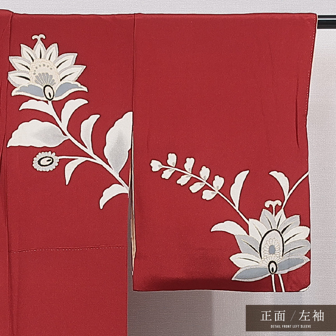 付下げ 袷 身丈156cm 裄丈63cm 正絹 Sランク インフォーマル バチ衿 Mサイズ 植物柄 赤系 RP 1218-15507