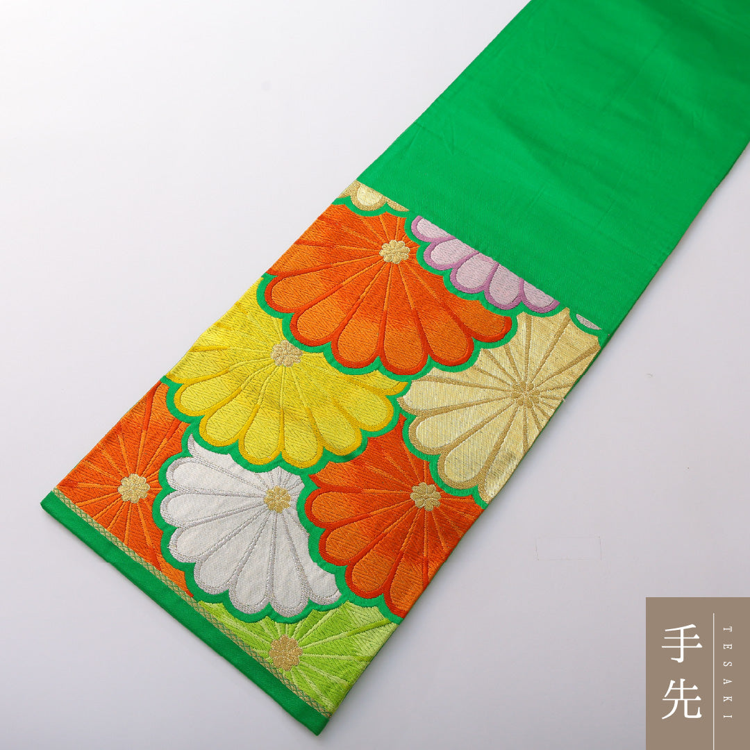 袋帯 帯丈424cm 正絹 六通 菊 緑系 1243-02046