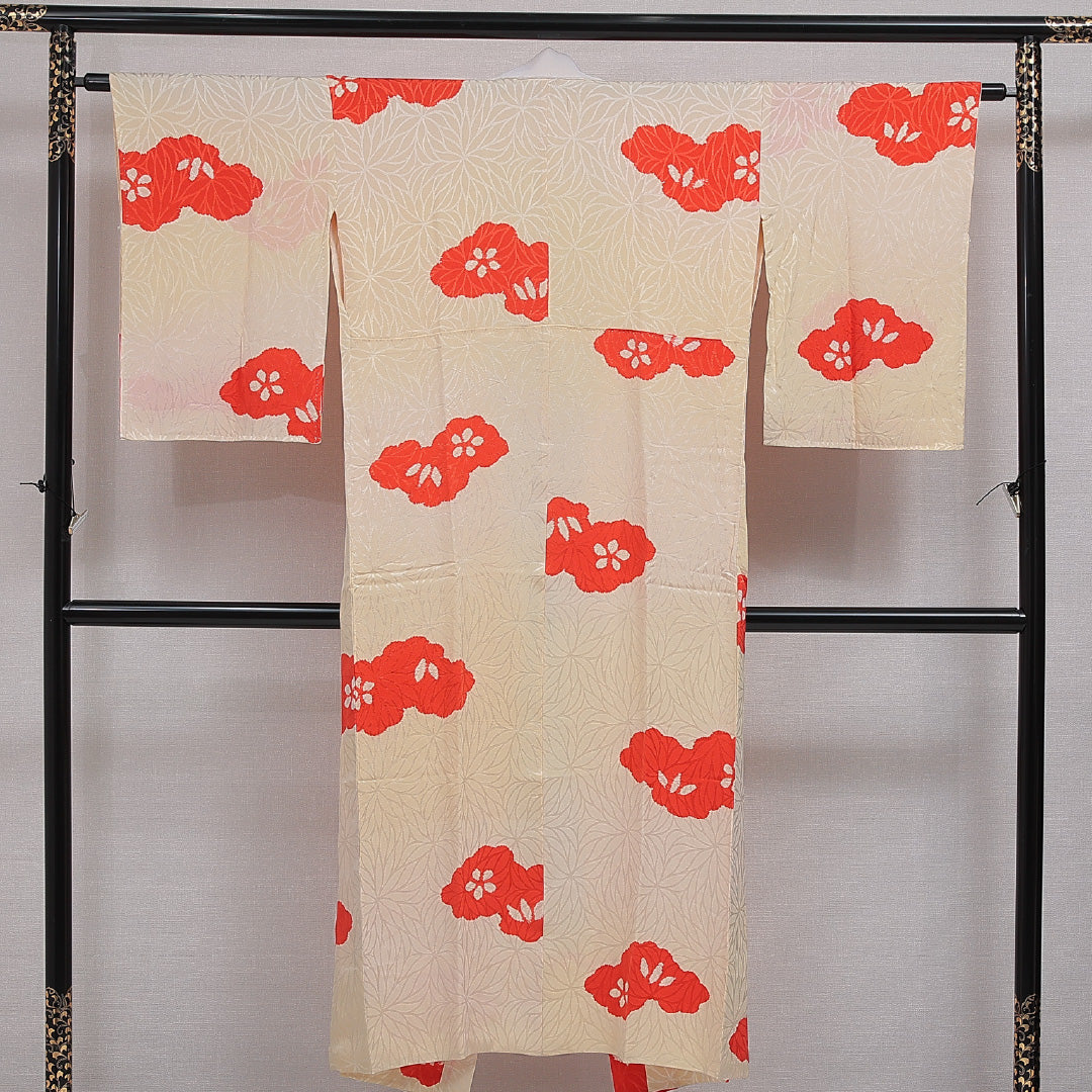 長襦袢 無双袖 身丈144cm 裄丈62cm 正絹 Aランク FREEサイズ 部分絞り 菊 笠松 クリーム系 RP 1239-16638