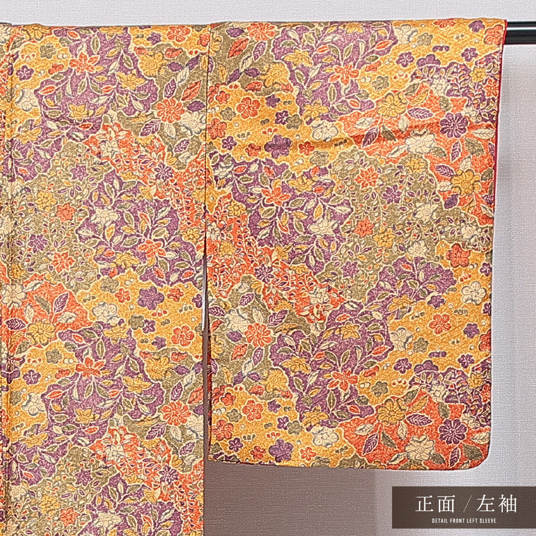 洗える着物 小紋 袷 身丈160cm 裄丈63cm ポリエステル Sランク インフォーマル 広衿 Lサイズ 菊 椿 黄系 RP 1221-16371