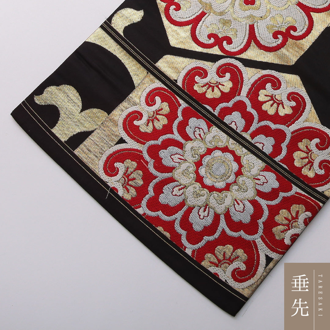 アンティーク 九寸名古屋帯 帯丈332cm セミフォーマル 名古屋仕立て 六通 Bランク 正絹 唐草 亀甲 黒系 1224-03543