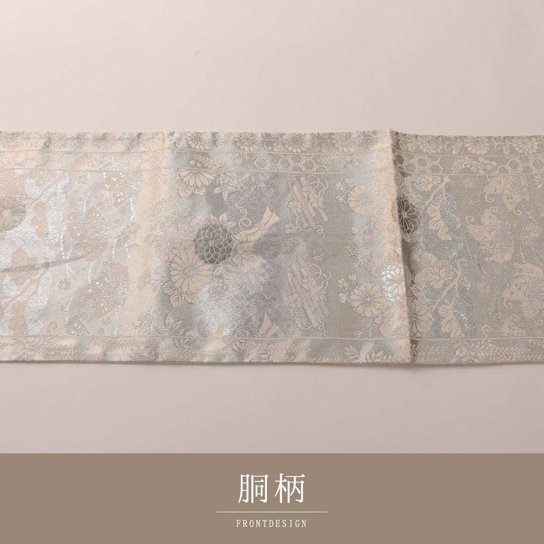 袋帯 帯丈424cm フォーマル 六通 Cランク 正絹 菊 桐 白系 銀系 1223-01916