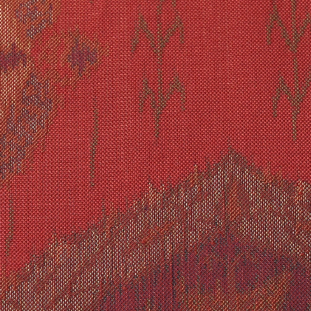 九寸名古屋帯 帯丈357cm カジュアル 名古屋仕立て 六通 Aランク 正絹 創作柄 赤系 朱系 1224-03501