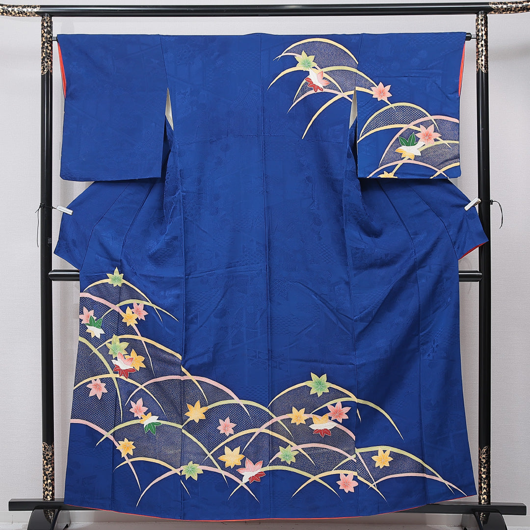 訪問着 袷 身丈161cm 裄丈64cm 正絹 Sランク セミフォーマル 広衿 Lサイズ 芝草 楓 古典的 舞台衣装 青系 RP 1217-15869