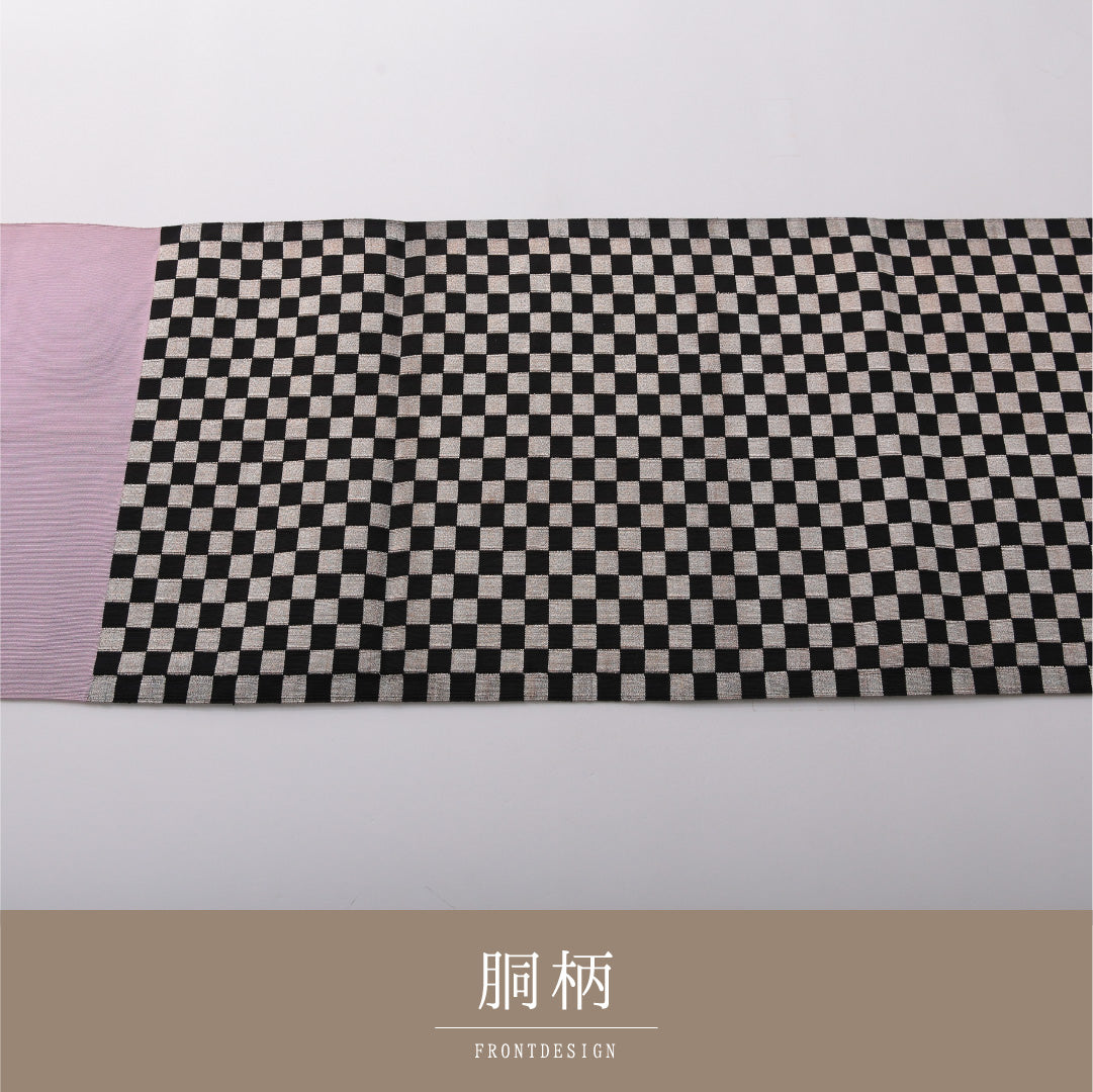 八寸名古屋帯 帯丈355cm カジュアル 松葉仕立て 六通 帯芯なし Cランク 正絹 市松 クリーム系 銀系 1224-03511