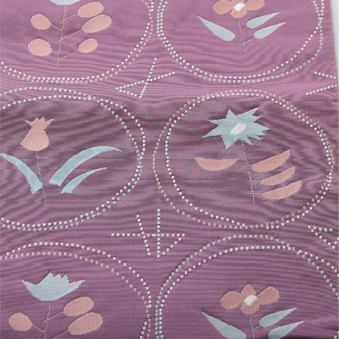 八寸名古屋帯 帯丈350cm カジュアル 松葉仕立て 六通 Cランク 正絹 チューリップ 紫系 1224-03947