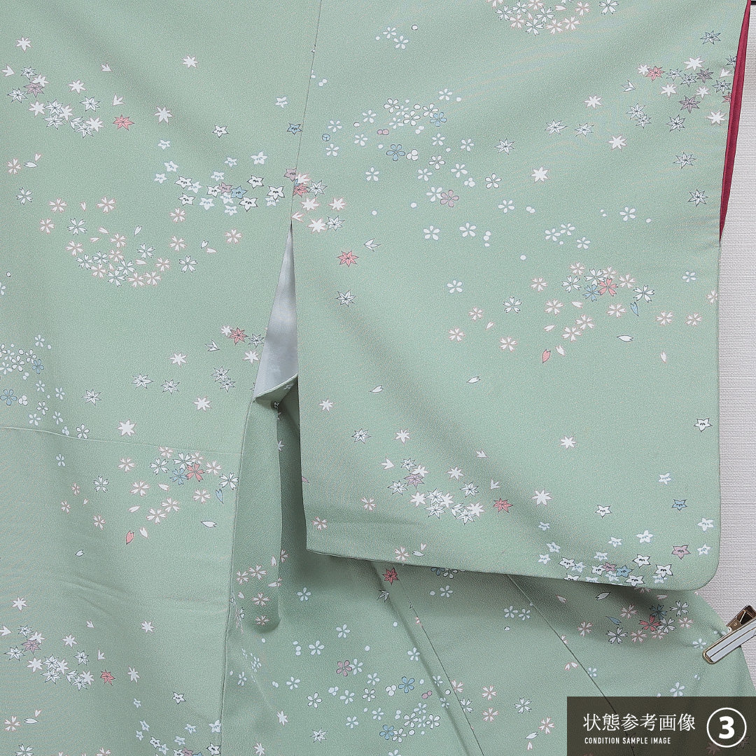 洗える着物 小紋 袷 身丈165cm 裄丈66cm ポリエステル Bランク インフォーマル 広衿 XLサイズ 桜 緑系 RP 1221-16106