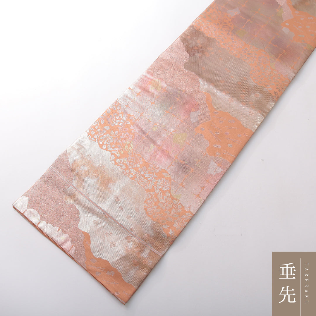 袋帯 帯丈428cm 正絹 六通 帯芯なし セミフォーマル 道長取り 朱系 1243-02158
