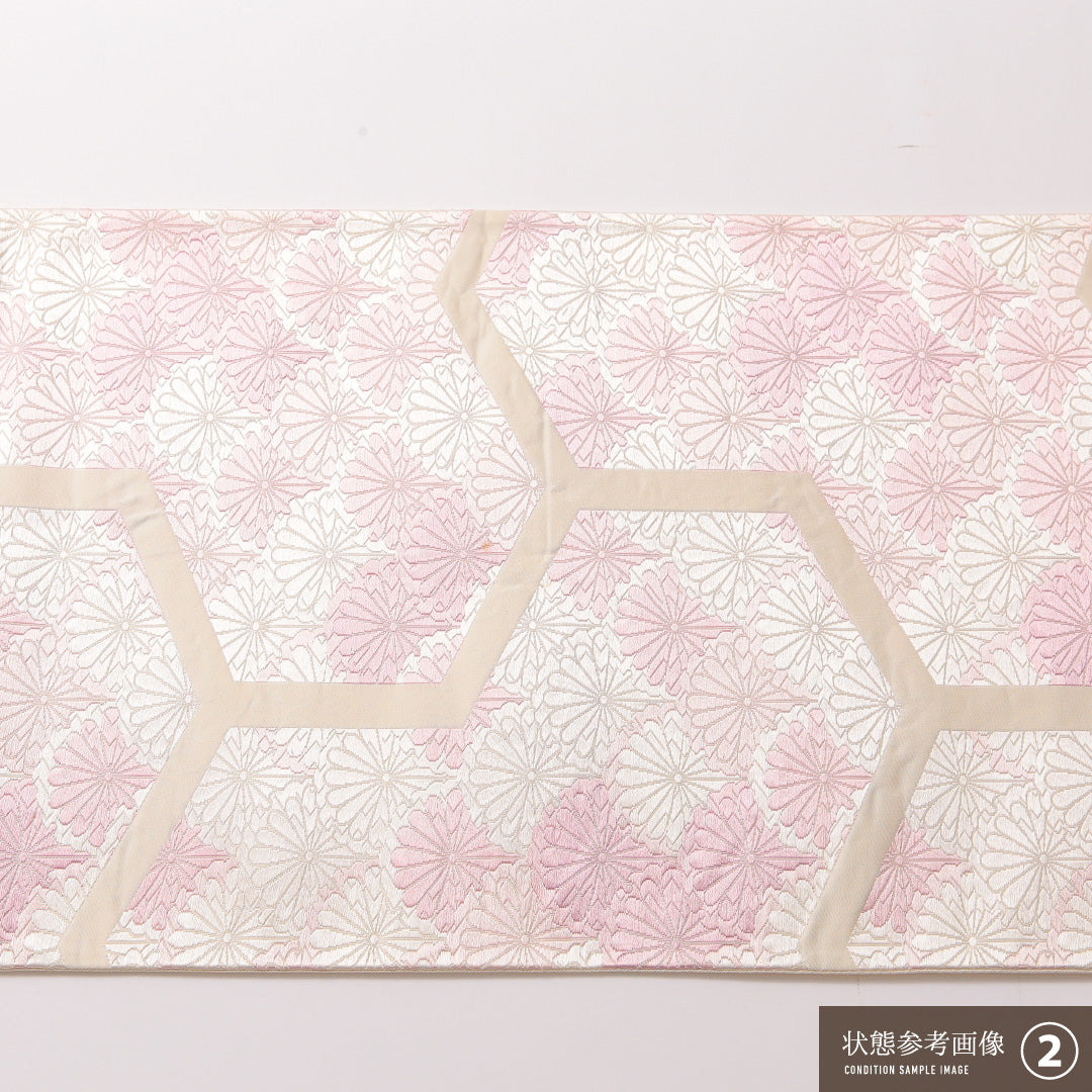 袋帯 帯丈430cm 正絹 六通 セミフォーマル 青海波 菊 白系 ピンク系 1243-01869